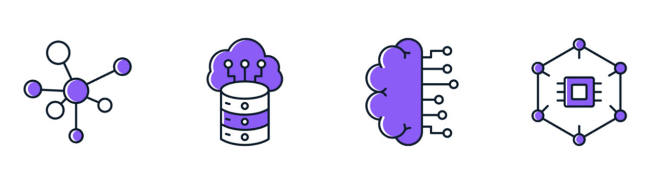 Neural network data icon set collection featuring streaming data, deep learning architecture, connected nodes, AI technology vector illustration