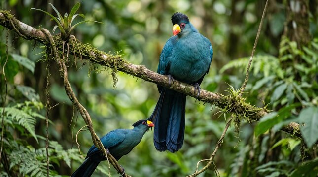 Two vibrant blue birds perched on mossy branch in lush rainforest