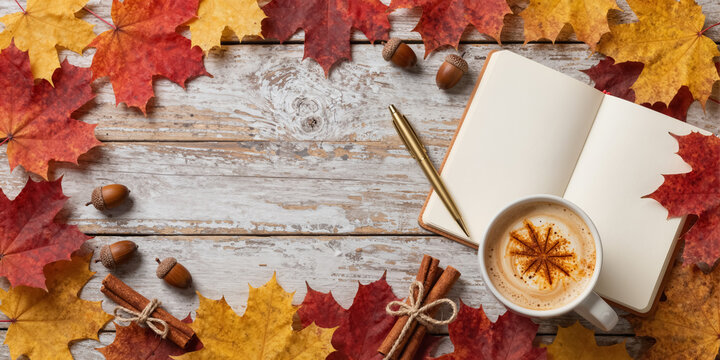 Red orange yellow maple leaves, spice latte coffee break mug Warm cozy autumn mood vibe. Gold pen, hygge beige diary lay flat Fall peace pause still life. Homey design frame, copy space card web flier