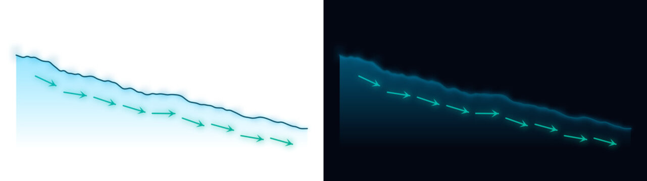 Groundwater flow diagram with arrows, underground water movement illustration, hydrogeology cross section on light and dark backgrounds