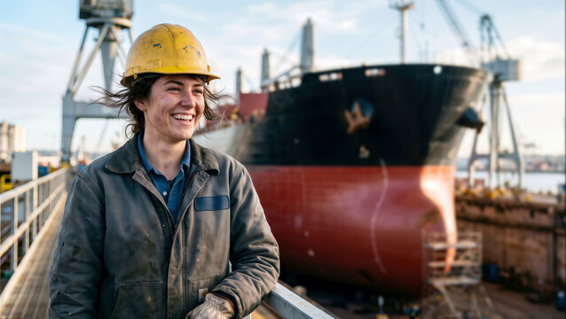 Female worker smiling in shipyard with dry-docked cargo ship, maritime industry employment concept.