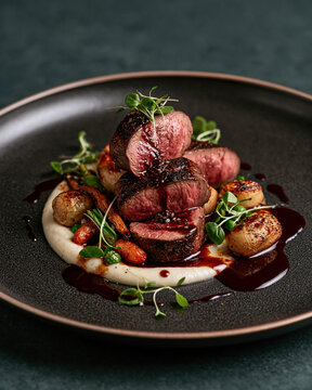 Exquisite fine dining venison loin with red wine reduction, root vegetable pur&eacute;e and elegant gourmet presentation.