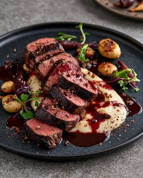 Exquisite fine dining venison loin with red wine reduction, root vegetable pur&eacute;e and elegant gourmet presentation.