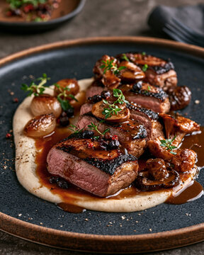 Luxury wild boar fillet with forest mushrooms, parsnip pur&eacute;e and aromatic herbs in an elegant fine dining presentation.
