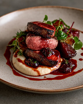 Elegant roe deer loin with berry sauce, root vegetable pur&eacute;e and contemporary fine dining presentation.