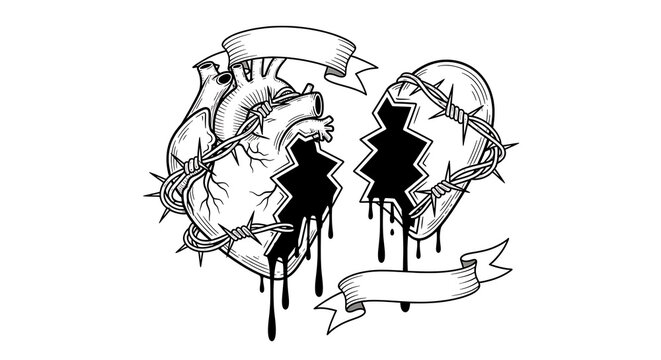 Black and white illustration of a broken anatomical heart wrapped in barbed wire with ribbons.