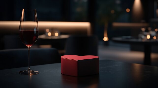 Romantic dinner setting with wine and heart-shaped gift box.