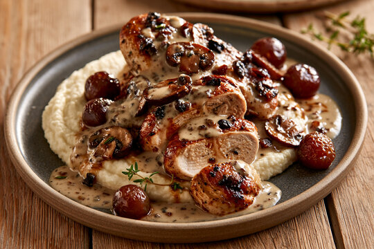 Roasted pheasant breast with wild mushrooms and cauliflower pur&eacute;e presented as refined countryside-inspired fine dining.