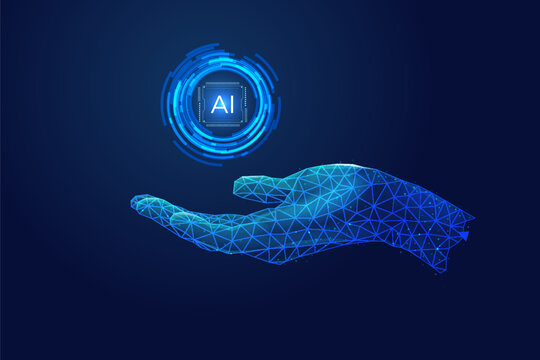 AI innovation concept. Abstract digital background. Index human finger presses on a light blue AI chip or processor. Artificial Intelligence concept. 3D low poly wireframe vector illustration.