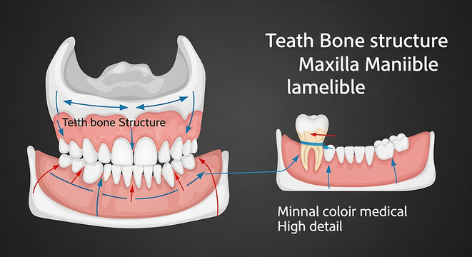 Medical illustration showing human teeth bone structure and jaw anatomy with arrows.