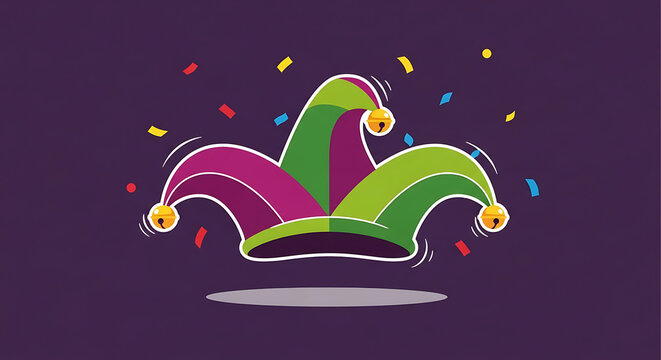Colorful jester hat with bells and confetti on a dark purple background.