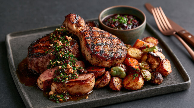 Luxury gourmet platter combining venison, wild boar and pheasant with forest-inspired vegetables and sauces.