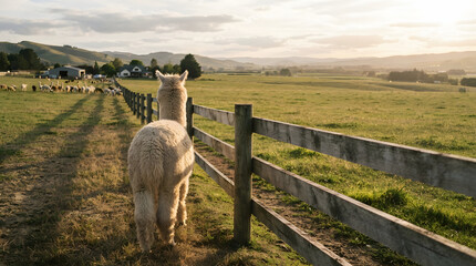Fototapeta premium Alpaca standing by a wooden fence in a serene rural landscape