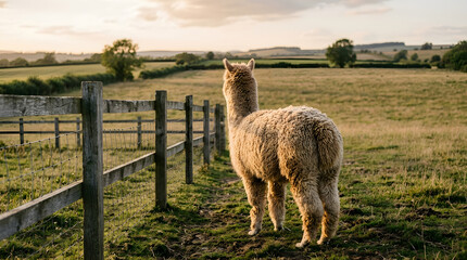 Naklejka premium Alpaca standing in a serene rural landscape at sunset