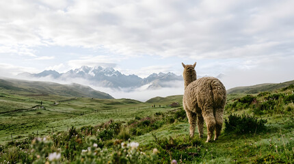 Naklejka premium Alpaca standing in scenic mountain landscape with misty clouds