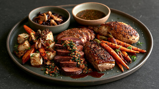 Luxury gourmet platter combining venison, wild boar and pheasant with forest-inspired vegetables and sauces.