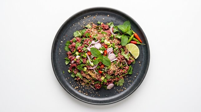 Spicy Lao beef laab salad with fresh herbs, shallots and lime on a dark plate, top view