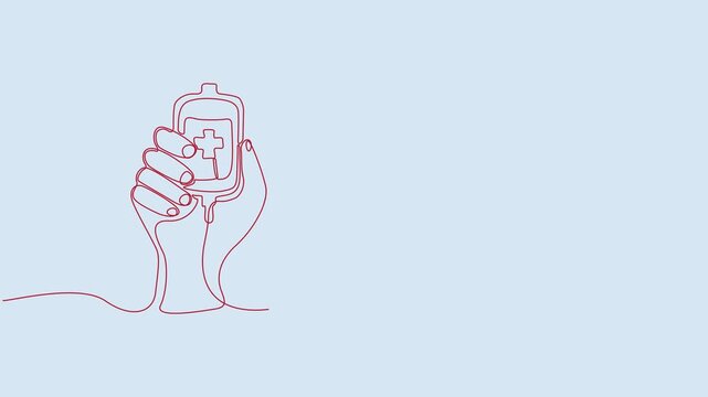 Continuous One Line Drawing Animation Of Blood Bag Hand Donation Concept Isolated On Blue Background