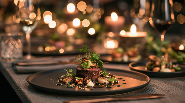Luxury restaurant setting featuring an elegant venison dish and sophisticated European fine dining atmosphere.