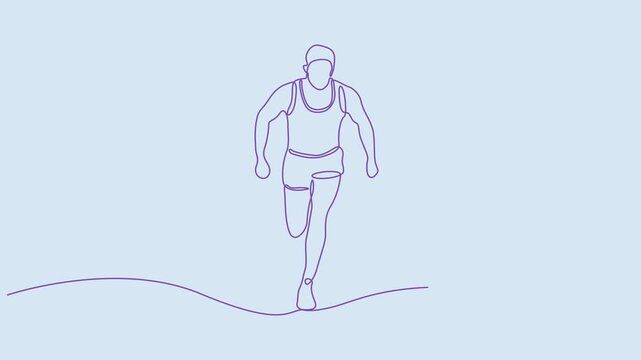 Continuous One Line Drawing Animation Of Male Runner Sprinting Isolated On Blue Background