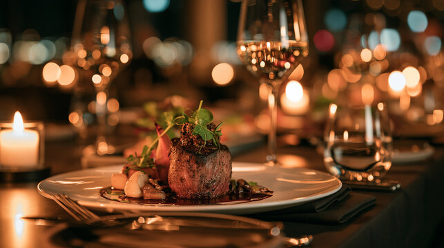 Luxury restaurant setting featuring an elegant venison dish and sophisticated European fine dining atmosphere.