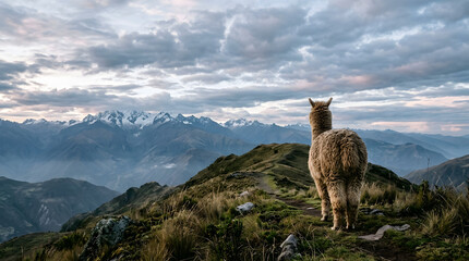 Fototapeta premium Llama standing on mountain ridge with stunning panoramic view
