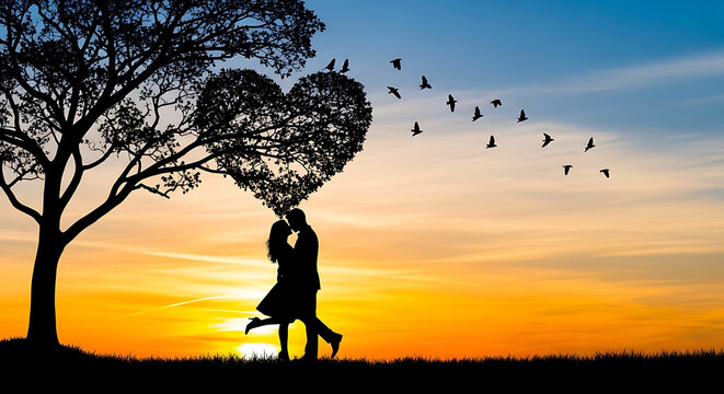 Silhouette of a loving couple embracing under a heart shaped tree at sunset.