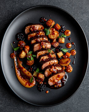 Avant-garde venison dish combining artistic plating, seasonal ingredients and contemporary fine dining aesthetics.