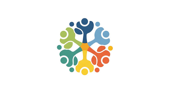Abstract circular logo design featuring colorful stylized human figures connected in a community concept.
