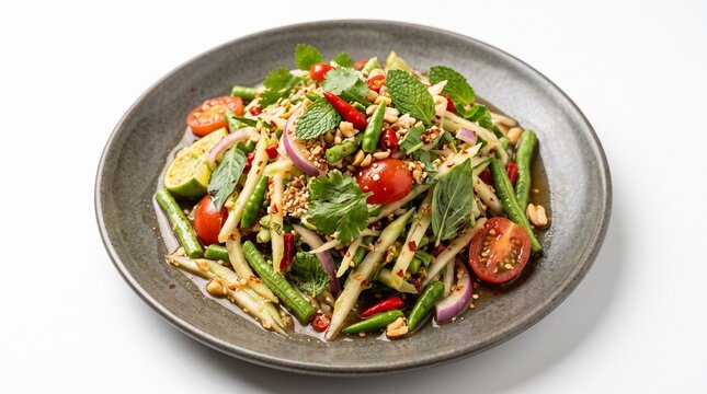 Lao Jum vegetable salad with green mango, long beans, tomatoes and herbs on a plate