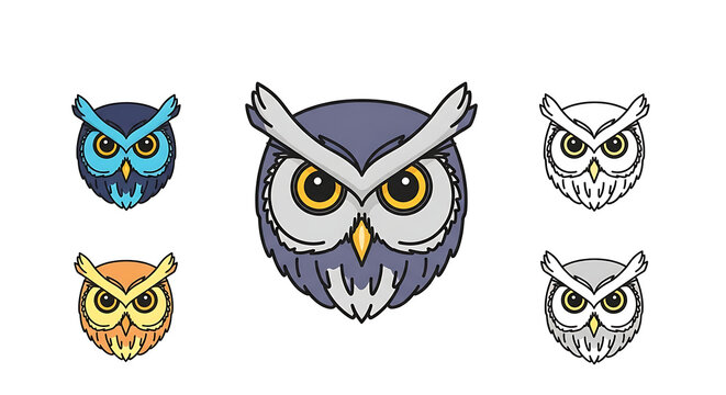 Set of colorful owl head icons in a flat vector illustration style.