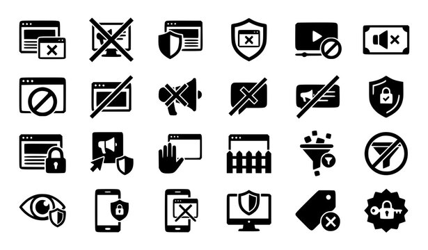 Ad blocker and privacy protection icon set with shield, popup block, mute, spam filter and security lock symbols in flat design
