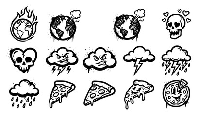 Obraz premium Graffiti sticker icon set with burning earth, storm cloud, heart skull and pizza slice spray paint style symbols