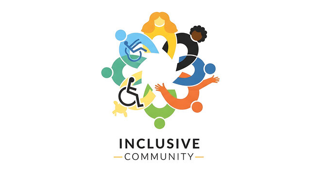 Inclusive community logo with diverse people holding hands in a circular formation.
