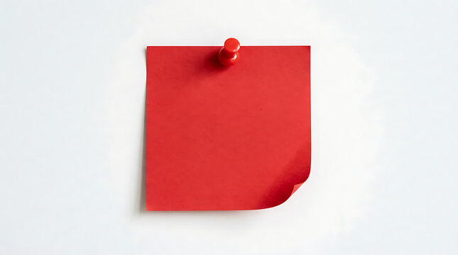 A blank red square sticky note pinned to a clean white wall, providing a simple and versatile space for custom messages or creative design projects