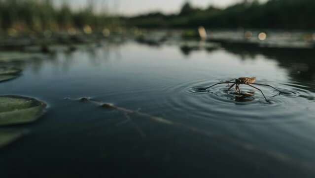 Water strider walking on the surface of a serene pond.
