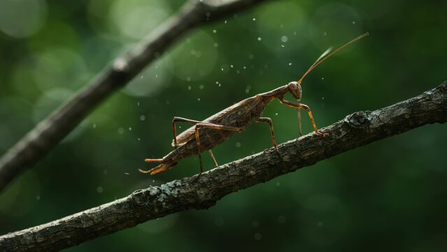 A small stick insect clings to a thin branch in a lush, green forest.