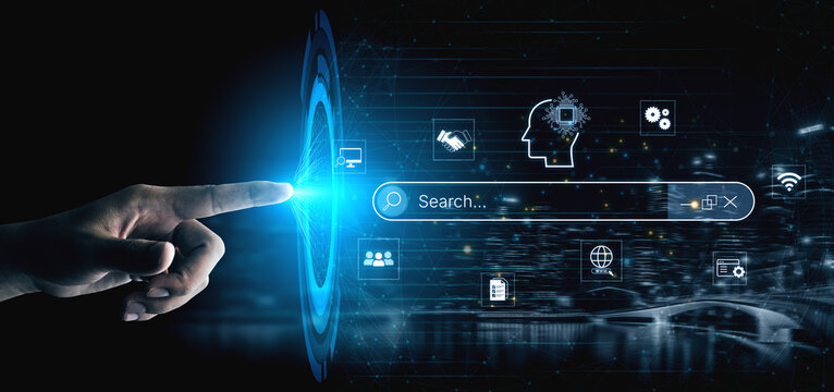 Artificial intelligence AI search concept enabling smarter discovery, recommendations to digital services and knowledge. Generative AI search engine algorithm provide user intent result. Corpus