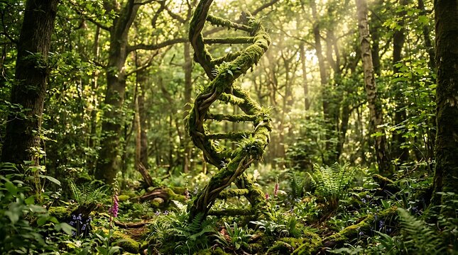 Mossy DNA helix structure formed by tree branches in a lush green forest