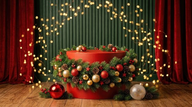 Round red pedestal decorated with festive christmas ornaments and pine branches