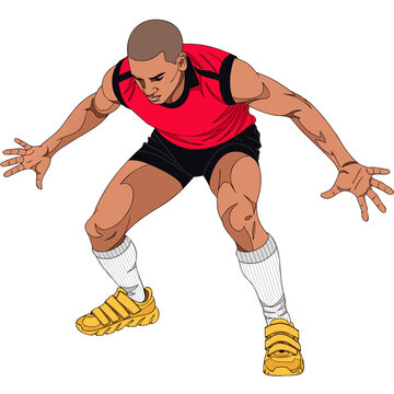 Male kabaddi player in dynamic defense pose vector illustration isolated on white background, Asian sports traditional kabaddi championship