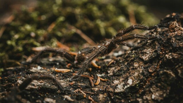 A camouflage giant stick insect blending into forest ground moss and twigs.