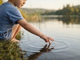 Fototapeta premium Young boy touching calm lake water creating ripples outdoors.