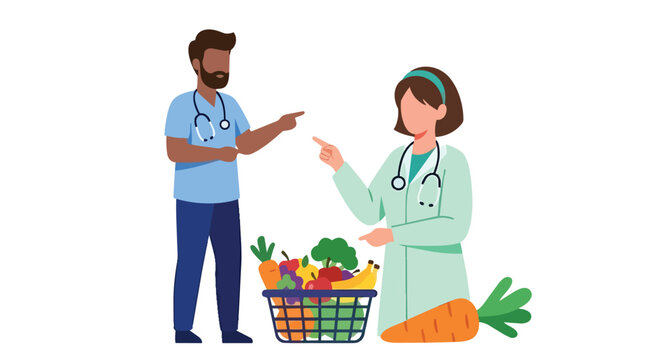 Nutrition experts and healthcare professionals advising on balanced diet in modern flat vector for clinical dietary programs