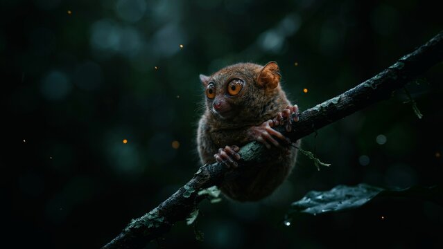 Tiny tarsier clinging to a wet branch in a dark jungle.