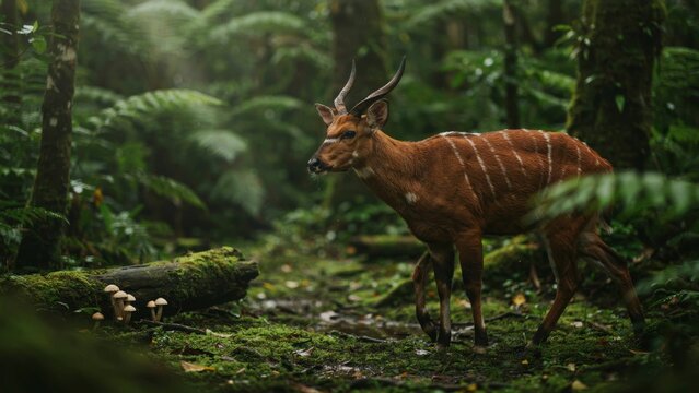 bongo antelope walking through dense african rainforest habitat.
