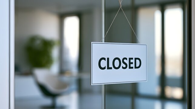 Closed sign hanging on a modern glass office door, empty blurred workplace interior in background, business shutdown, store closure, unavailable service, holiday hours and temporary closing concept
