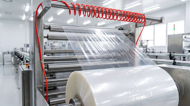 Transparent plastic film unwinding through steel rollers in a bright clean factory, ideal for packaging production