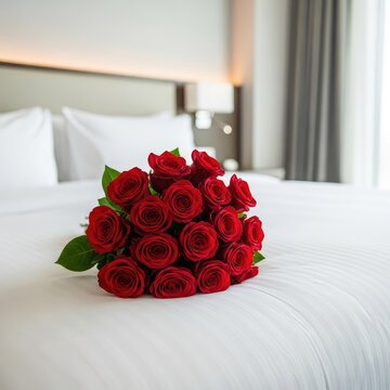 Wide angle view of a compact bouquet of red roses resting on the crisp white linens of a large double bed inside a luxury hotel guest suite, floral, high-end, cozy