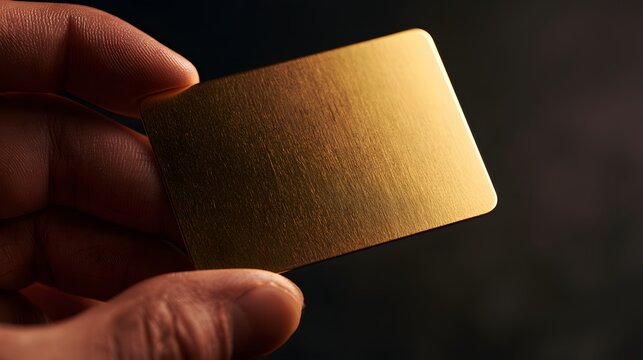 Hand holding a blank metallic gold card against dark background, premium payment or membership card mockup with copy space for banking, luxury finance, VIP access, branding and business design